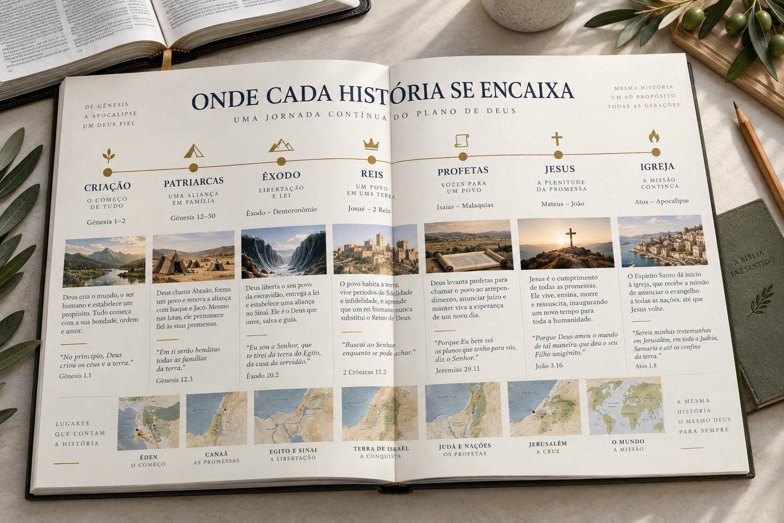 Exemplo interno do guia com a linha do tempo bíblica ilustrada